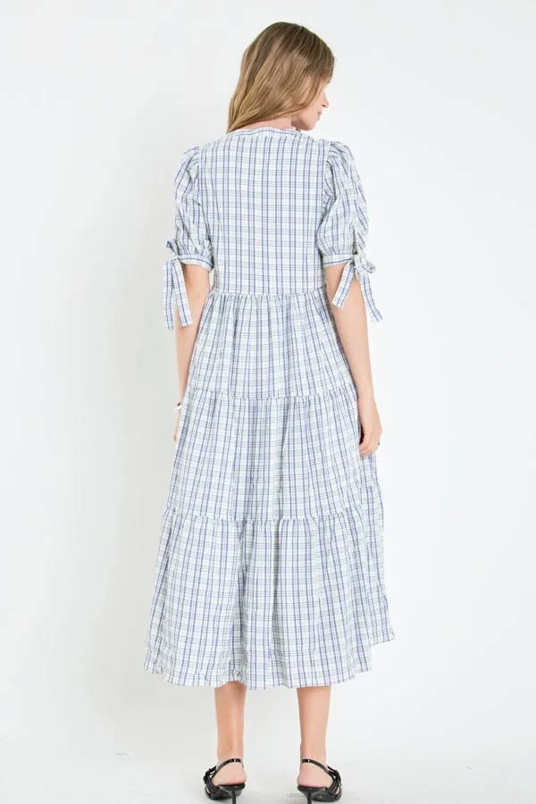 ENGLISH FACTORY Tops*- Gingham Tiered Dress with Bow-Tie Sleeves