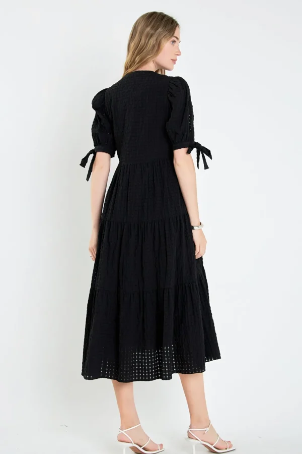 ENGLISH FACTORY Tops*- Gingham Tiered Midi Dress with Bow Tie Sleeves