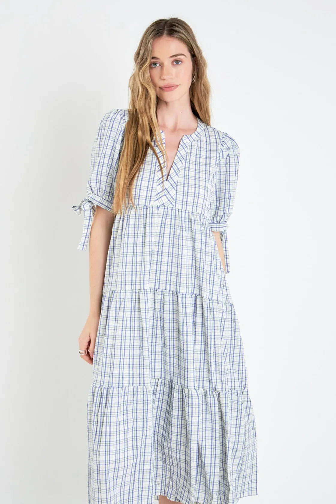 english_factory__gingham__13-1.webp ENGLISH FACTORY Tops*- Gingham Tiered Dress with Bow-Tie Sleeves