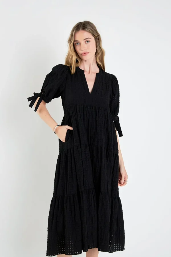 ENGLISH FACTORY Tops*- Gingham Tiered Midi Dress with Bow Tie Sleeves