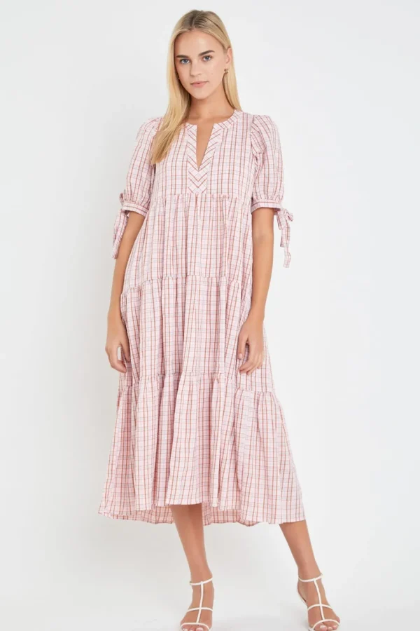 ENGLISH FACTORY Tops*- Gingham Tiered Dress with Bow-Tie Sleeves