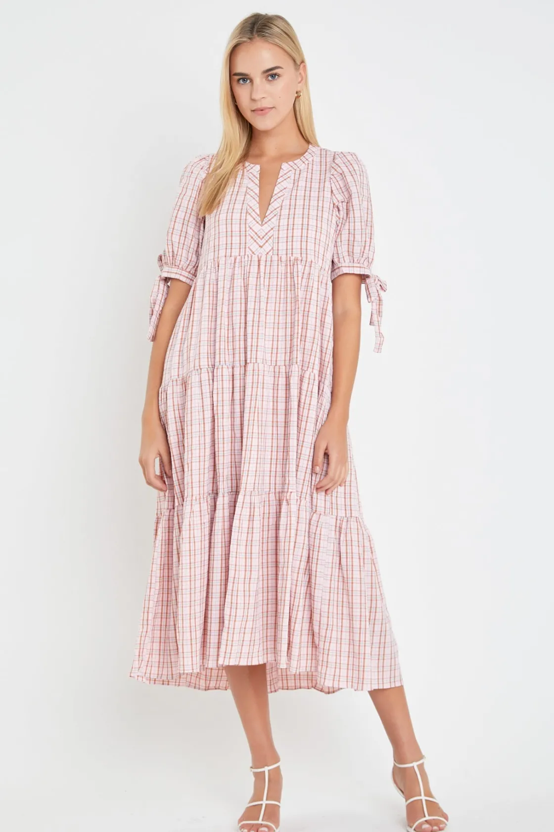 english_factory__gingham__14-1.webp ENGLISH FACTORY Tops*- Gingham Tiered Dress with Bow-Tie Sleeves