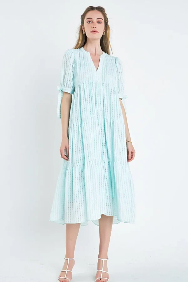 ENGLISH FACTORY Tops*- Gingham Tiered Midi Dress with Bow Tie Sleeves