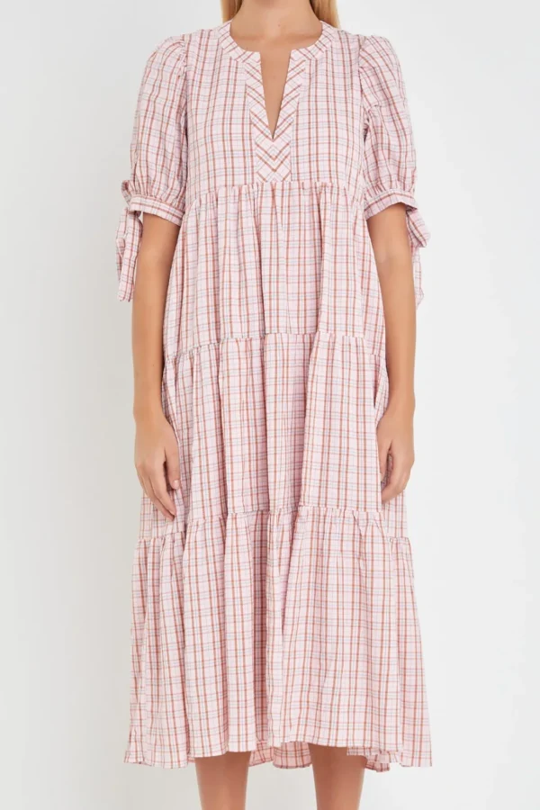 ENGLISH FACTORY Tops*- Gingham Tiered Dress with Bow-Tie Sleeves