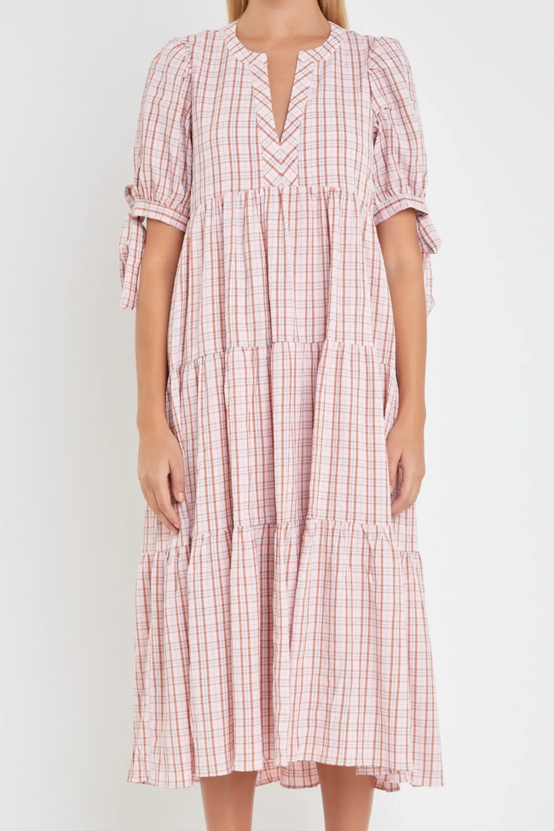 english_factory__gingham__15-1.webp ENGLISH FACTORY Tops*- Gingham Tiered Dress with Bow-Tie Sleeves