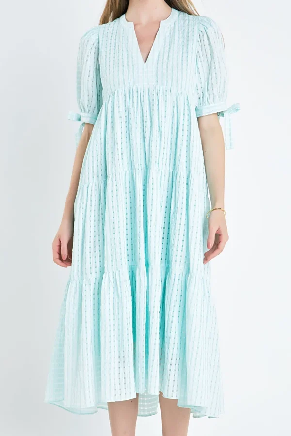 ENGLISH FACTORY Tops*- Gingham Tiered Midi Dress with Bow Tie Sleeves