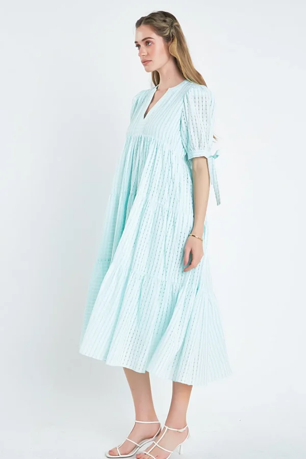 ENGLISH FACTORY Tops*- Gingham Tiered Midi Dress with Bow Tie Sleeves