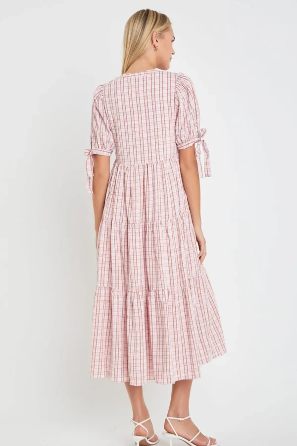 ENGLISH FACTORY Tops*- Gingham Tiered Dress with Bow-Tie Sleeves