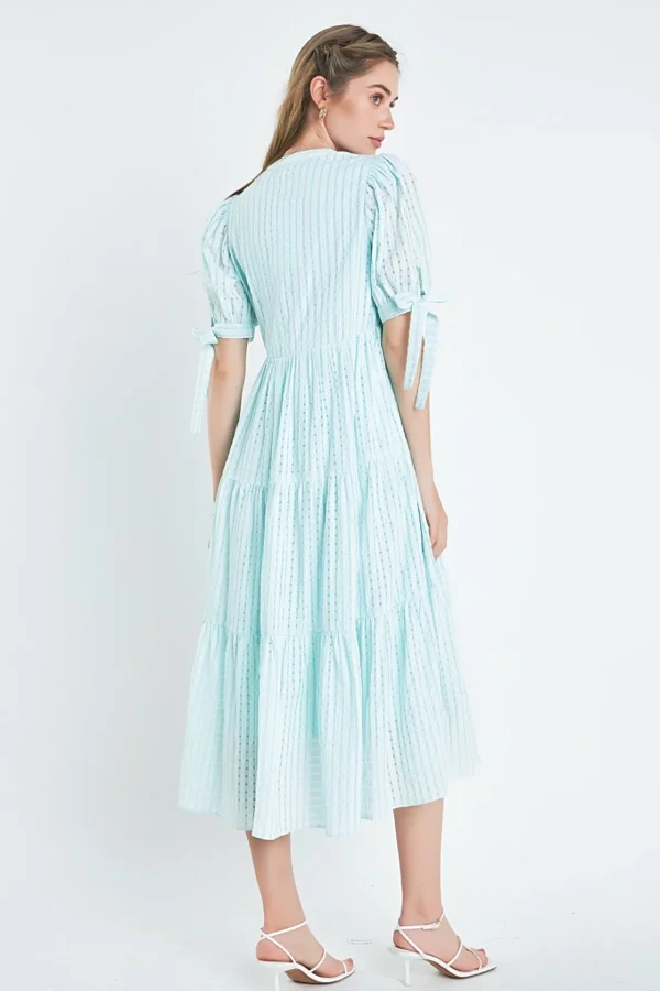 ENGLISH FACTORY Tops*- Gingham Tiered Midi Dress with Bow Tie Sleeves