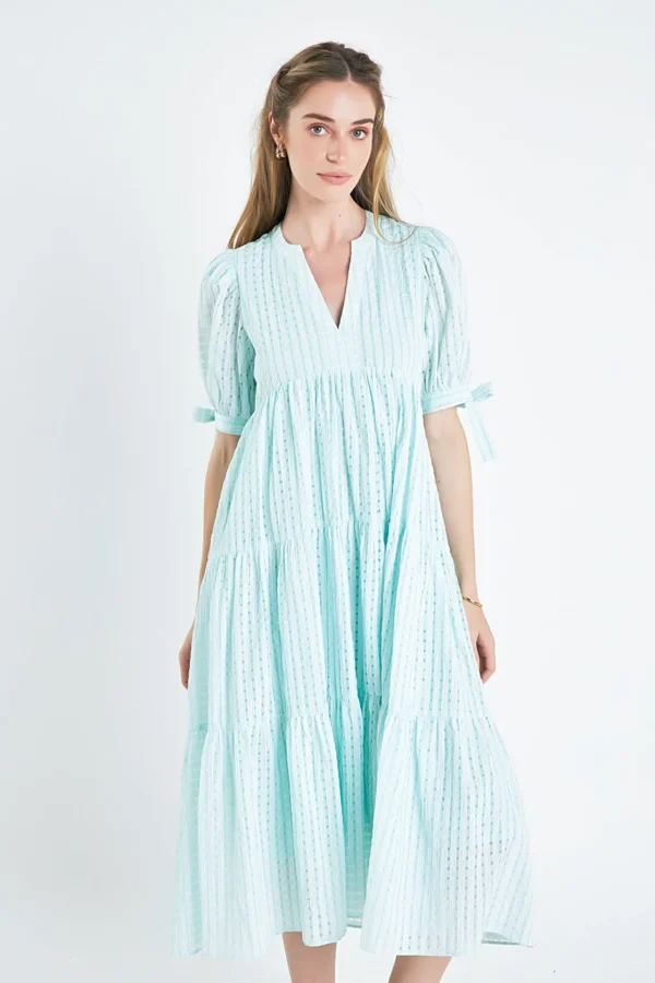 ENGLISH FACTORY Tops*- Gingham Tiered Midi Dress with Bow Tie Sleeves
