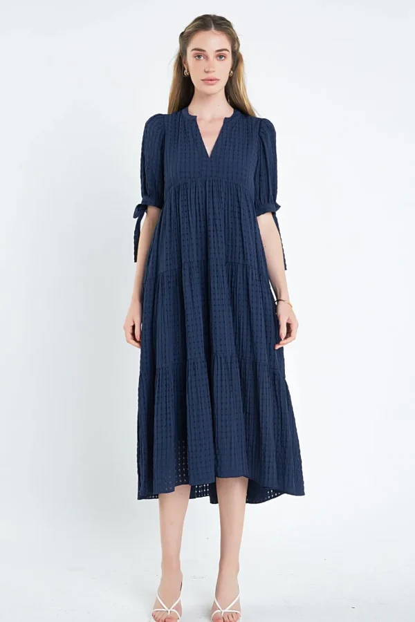 ENGLISH FACTORY Tops*- Gingham Tiered Midi Dress with Bow Tie Sleeves