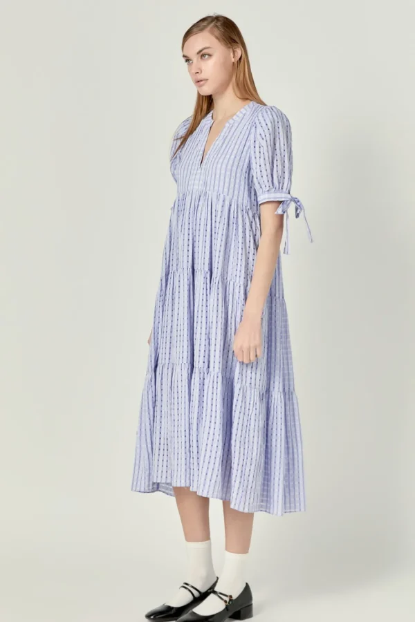 ENGLISH FACTORY Tops*- Gingham Tiered Midi Dress with Bow Tie Sleeves