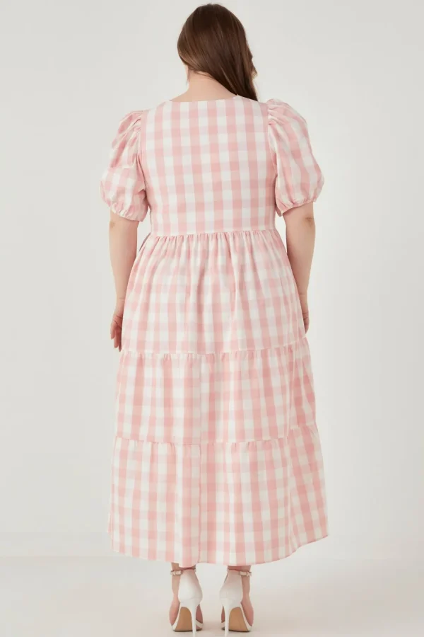 ENGLISH FACTORY Tops*- Gingham Puff Sleeve Tiered Maxi PINK