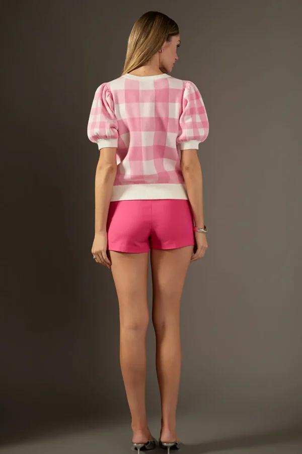 ENGLISH FACTORY Tops*- Gingham Puff Sleeve Knit Top
