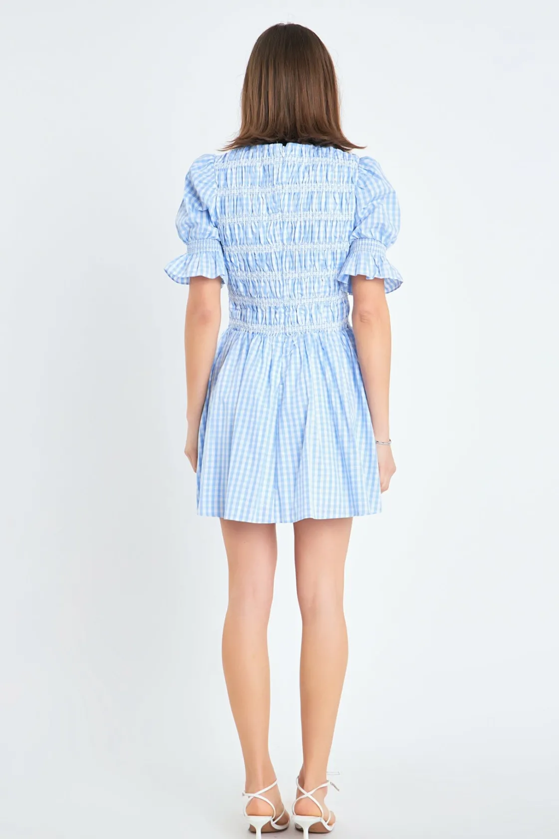 english_factory__gingham__2-3.webp ENGLISH FACTORY Tops*- Gingham Puff Sleeve Mini Dress OCEANBLUE