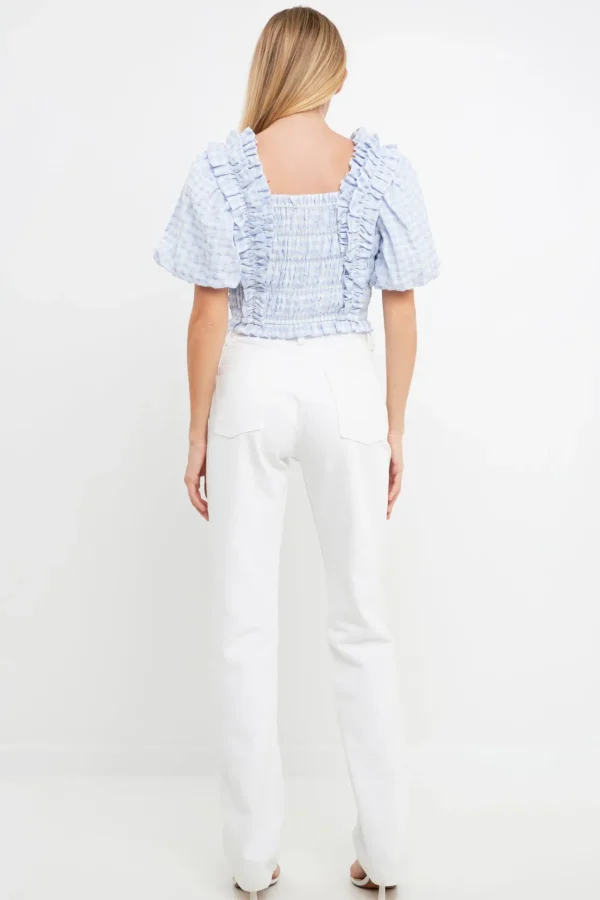 ENGLISH FACTORY Tops*- Gingham Smocked Puff Sleeve Top POWDERBLUE