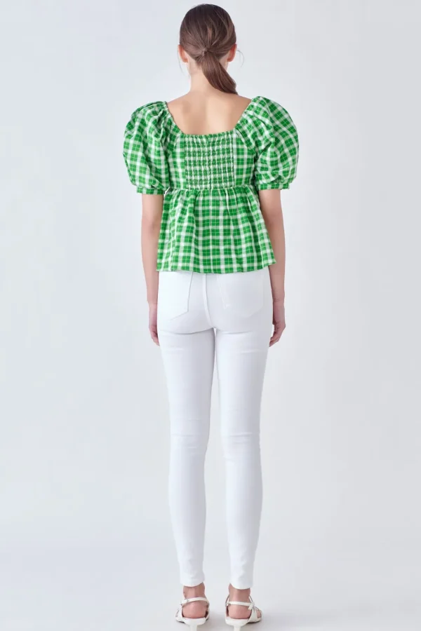 ENGLISH FACTORY Tops*- Gingham Twisted Puff Sleeve Top