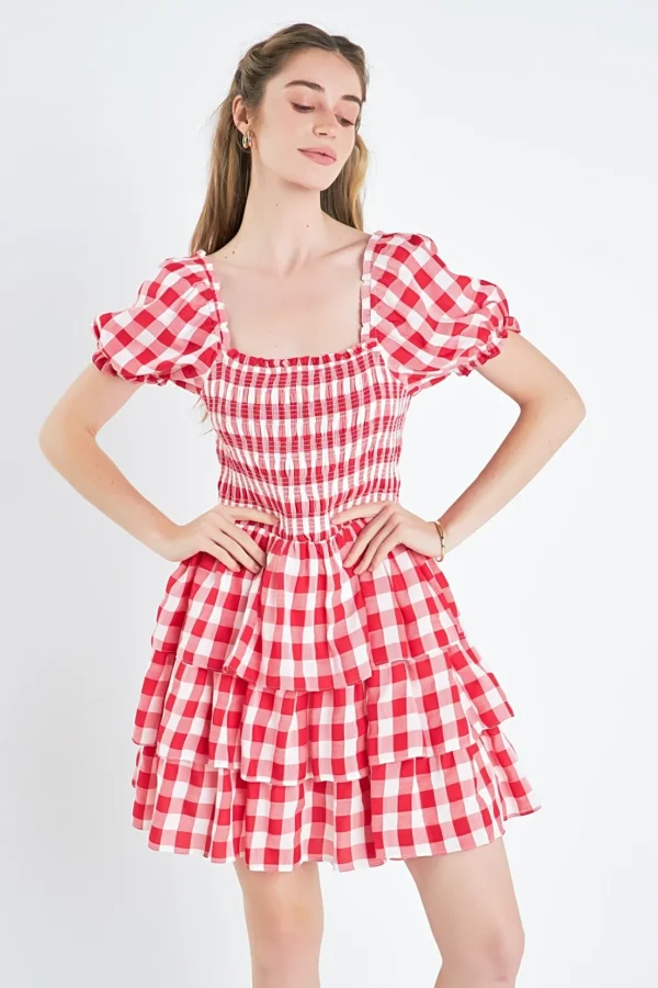 ENGLISH FACTORY Tops*- Gingham Square Neck Mini Dress RED