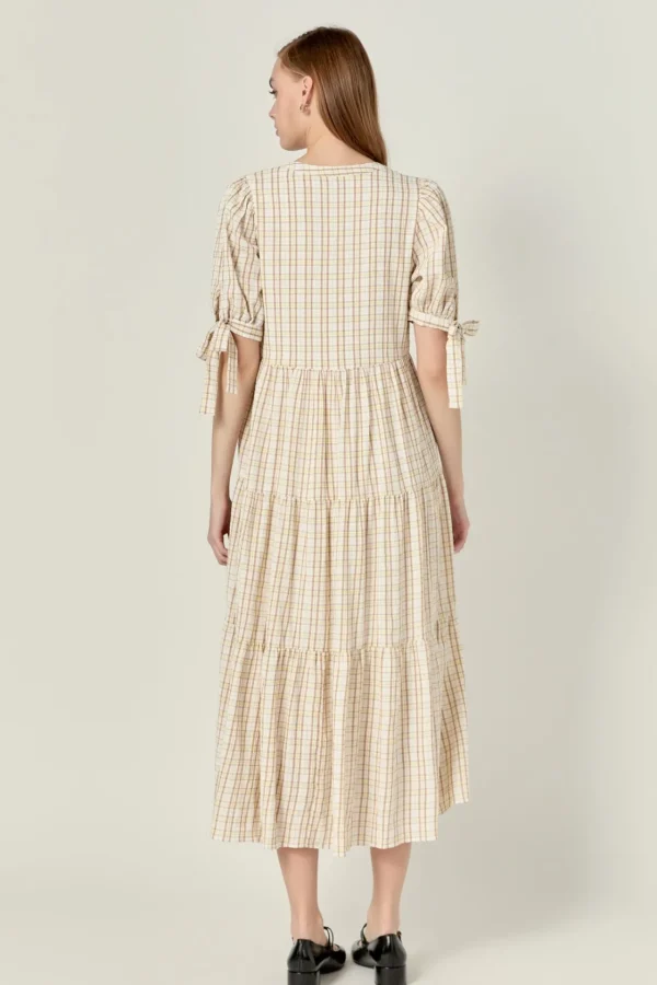 ENGLISH FACTORY Tops*- Gingham Tiered Dress with Bow-Tie Sleeves