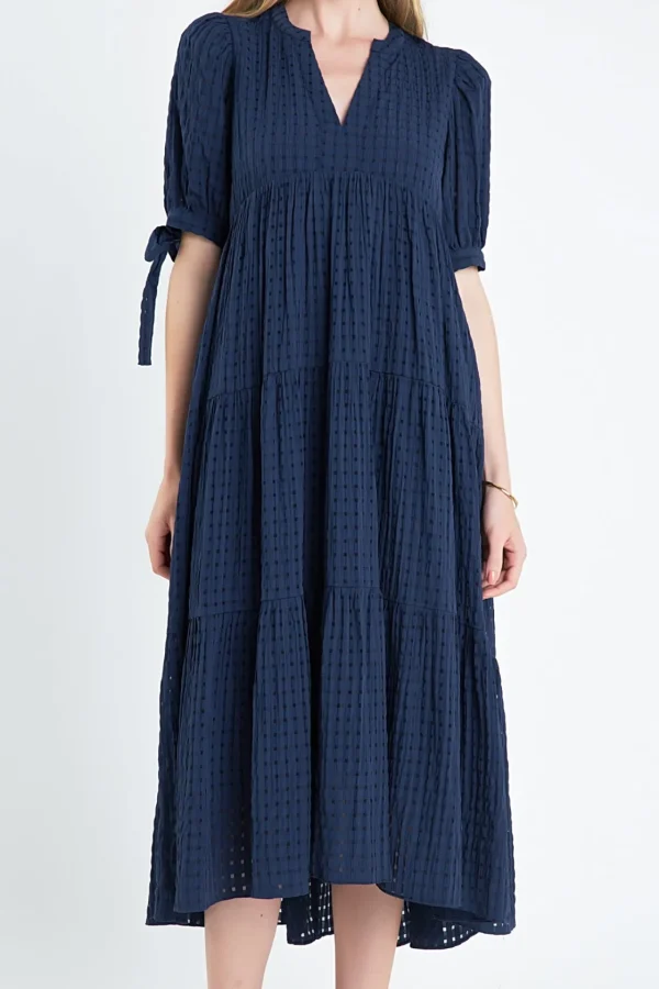 ENGLISH FACTORY Tops*- Gingham Tiered Midi Dress with Bow Tie Sleeves