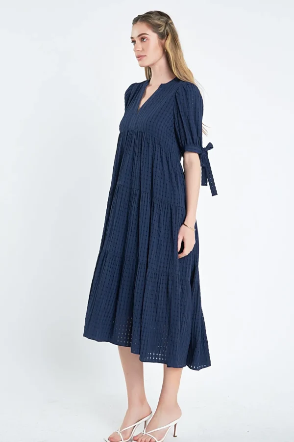 ENGLISH FACTORY Tops*- Gingham Tiered Midi Dress with Bow Tie Sleeves
