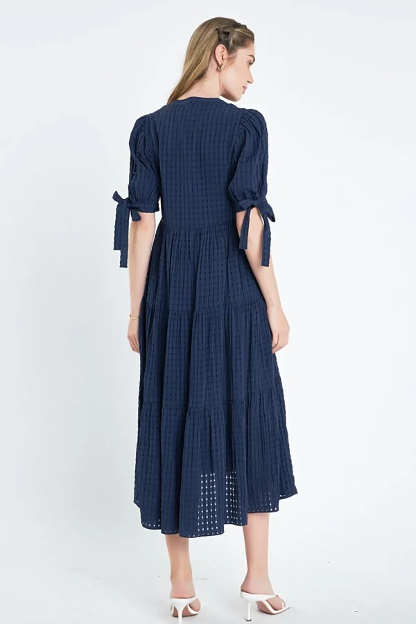 ENGLISH FACTORY Tops*- Gingham Tiered Midi Dress with Bow Tie Sleeves