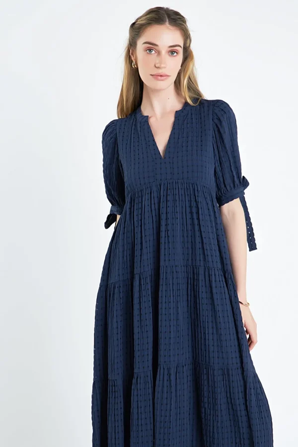 ENGLISH FACTORY Tops*- Gingham Tiered Midi Dress with Bow Tie Sleeves