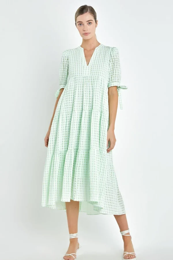 ENGLISH FACTORY Tops*- Gingham Tiered Midi Dress with Bow Tie Sleeves