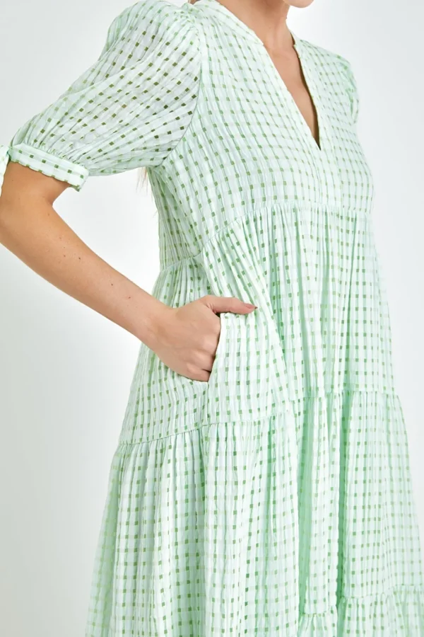 ENGLISH FACTORY Tops*- Gingham Tiered Midi Dress with Bow Tie Sleeves
