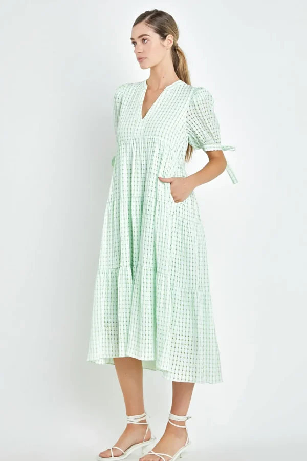 ENGLISH FACTORY Tops*- Gingham Tiered Midi Dress with Bow Tie Sleeves