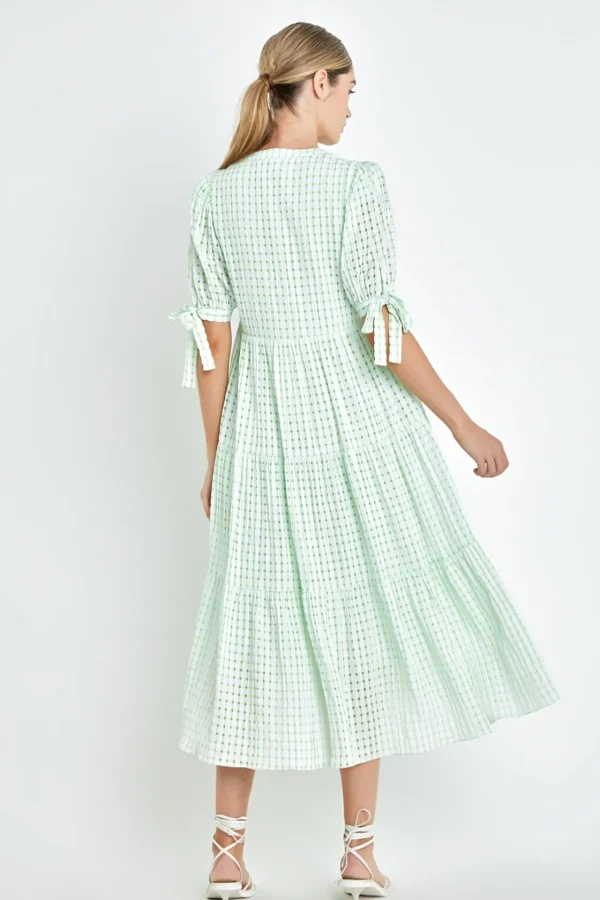 ENGLISH FACTORY Tops*- Gingham Tiered Midi Dress with Bow Tie Sleeves