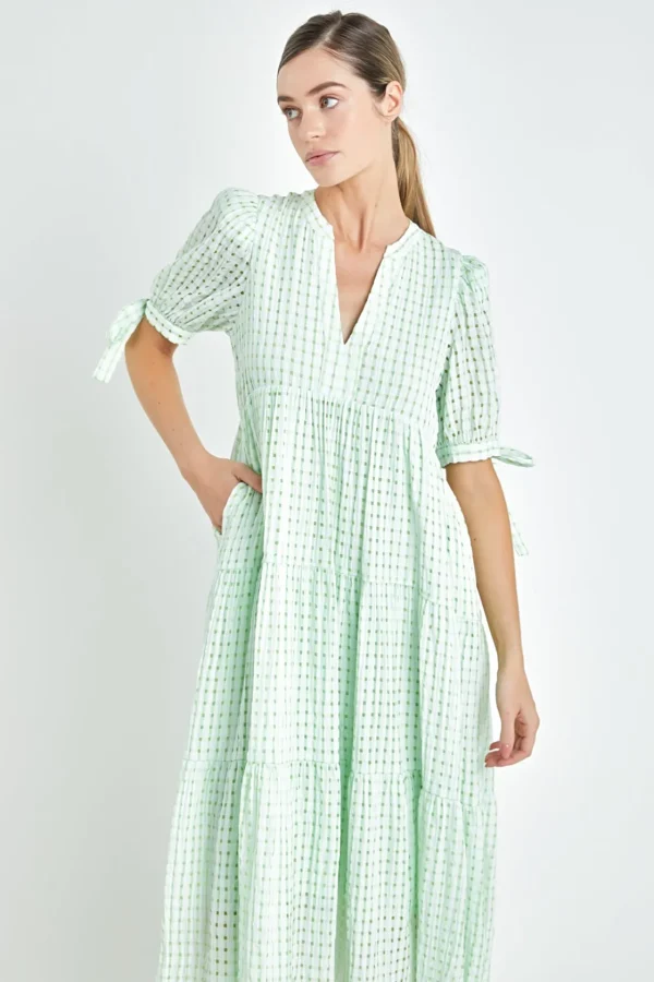 ENGLISH FACTORY Tops*- Gingham Tiered Midi Dress with Bow Tie Sleeves
