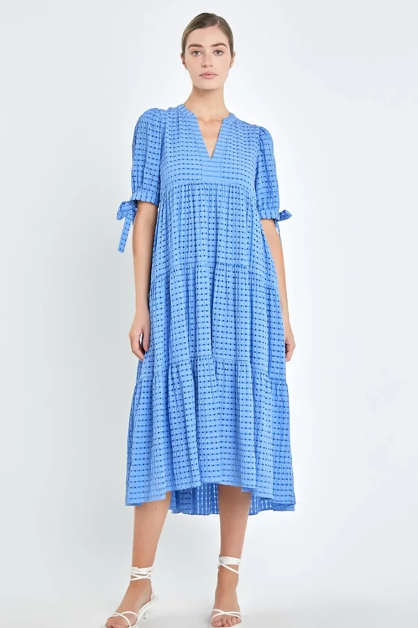 ENGLISH FACTORY Tops*- Gingham Tiered Midi Dress with Bow Tie Sleeves
