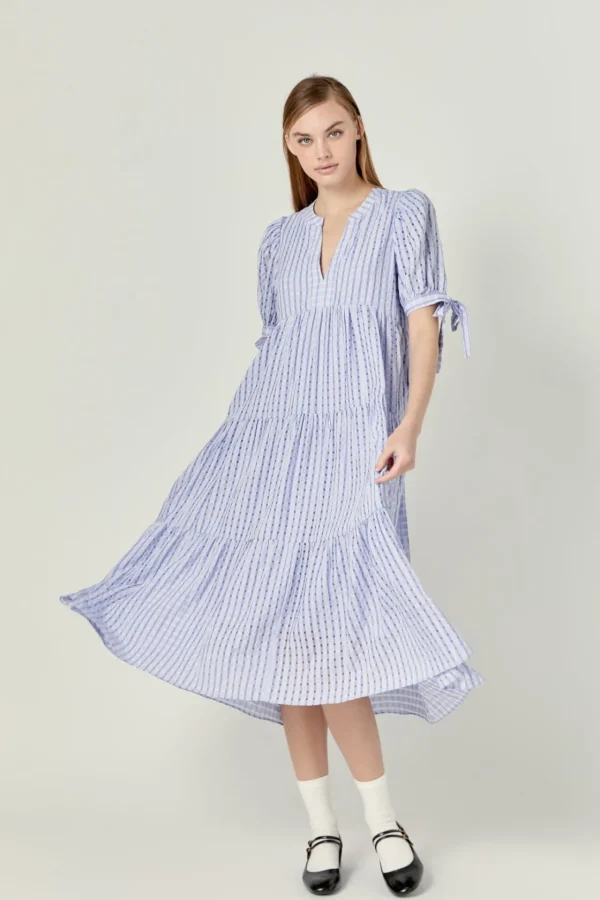 ENGLISH FACTORY Tops*- Gingham Tiered Midi Dress with Bow Tie Sleeves