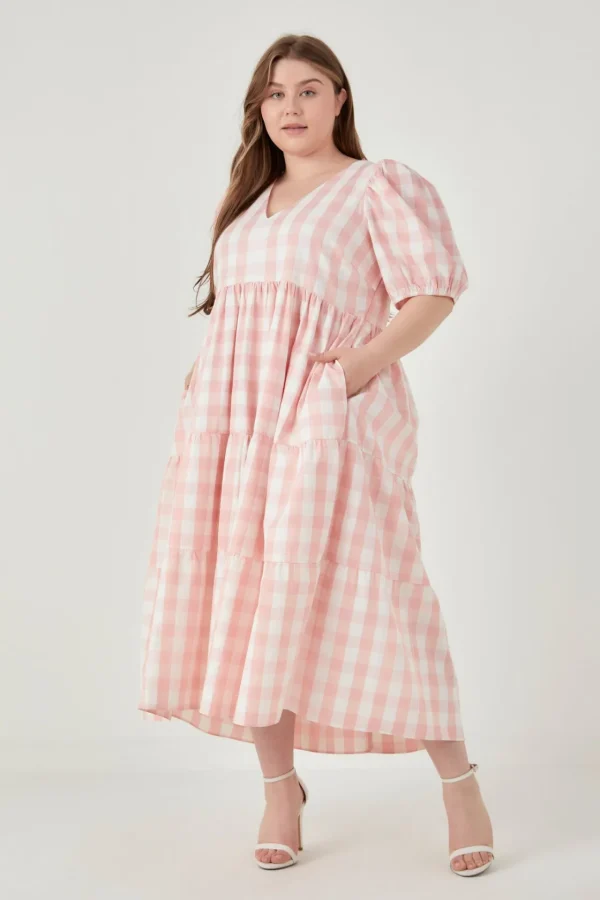 ENGLISH FACTORY Tops*- Gingham Puff Sleeve Tiered Maxi PINK