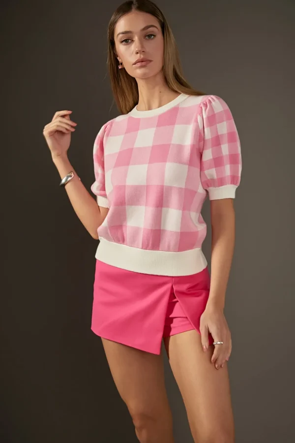 ENGLISH FACTORY Tops*- Gingham Puff Sleeve Knit Top