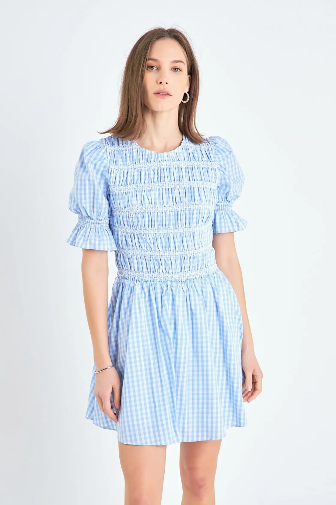 english_factory__gingham__3-3.webp ENGLISH FACTORY Tops*- Gingham Puff Sleeve Mini Dress OCEANBLUE