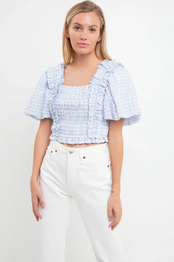 ENGLISH FACTORY Tops*- Gingham Smocked Puff Sleeve Top POWDERBLUE