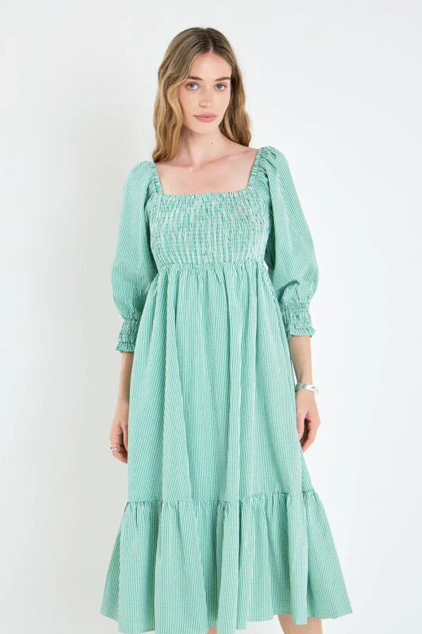 ENGLISH FACTORY Tops*- Gingham Smocked Midi Dress GREEN