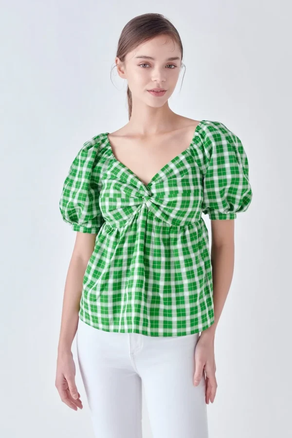 ENGLISH FACTORY Tops*- Gingham Twisted Puff Sleeve Top