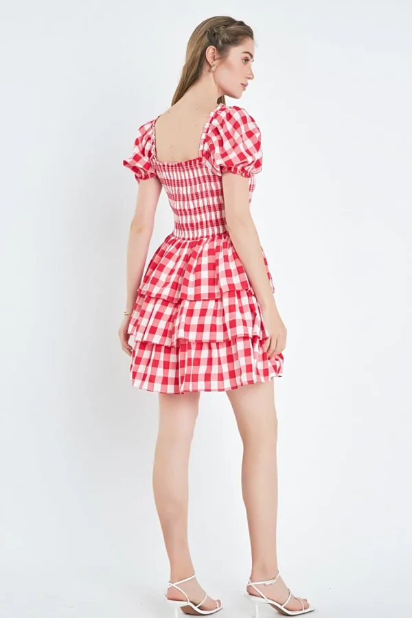 ENGLISH FACTORY Tops*- Gingham Square Neck Mini Dress RED