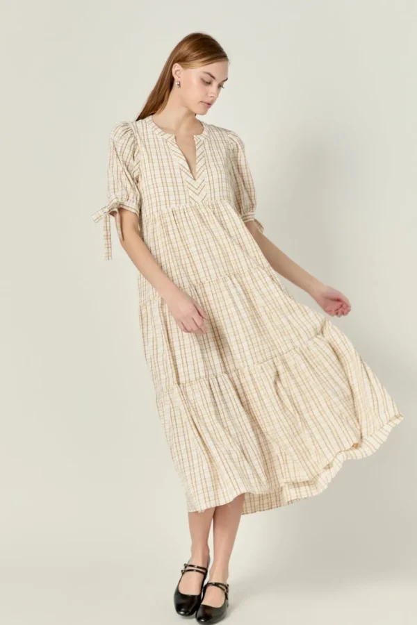 ENGLISH FACTORY Tops*- Gingham Tiered Dress with Bow-Tie Sleeves