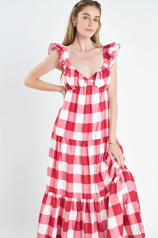 ENGLISH FACTORY Tops*- Gingham Maxi Dress RED/WHITE