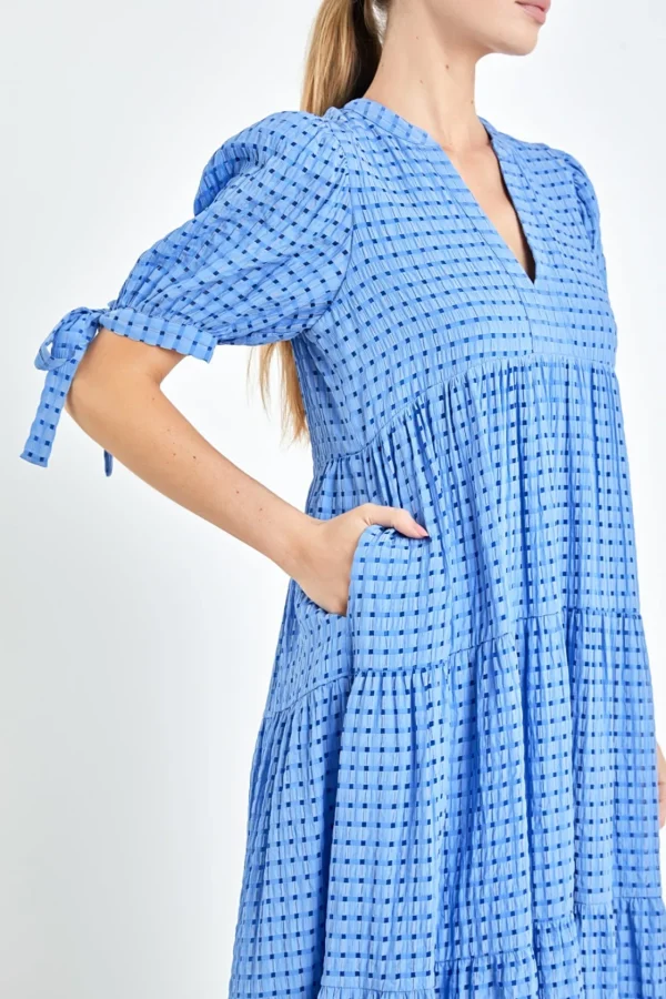 ENGLISH FACTORY Tops*- Gingham Tiered Midi Dress with Bow Tie Sleeves
