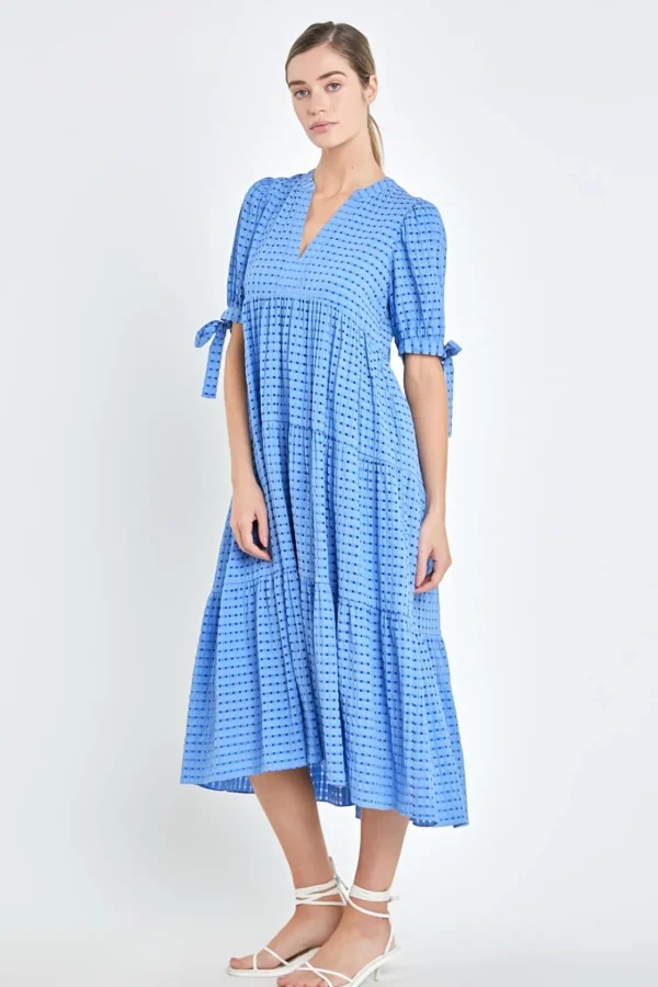 ENGLISH FACTORY Tops*- Gingham Tiered Midi Dress with Bow Tie Sleeves