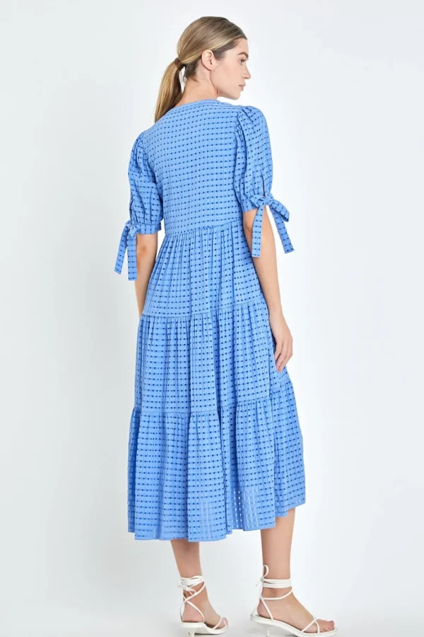 ENGLISH FACTORY Tops*- Gingham Tiered Midi Dress with Bow Tie Sleeves