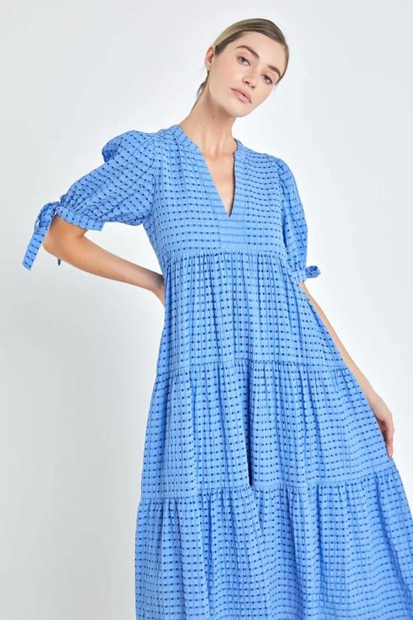 ENGLISH FACTORY Tops*- Gingham Tiered Midi Dress with Bow Tie Sleeves