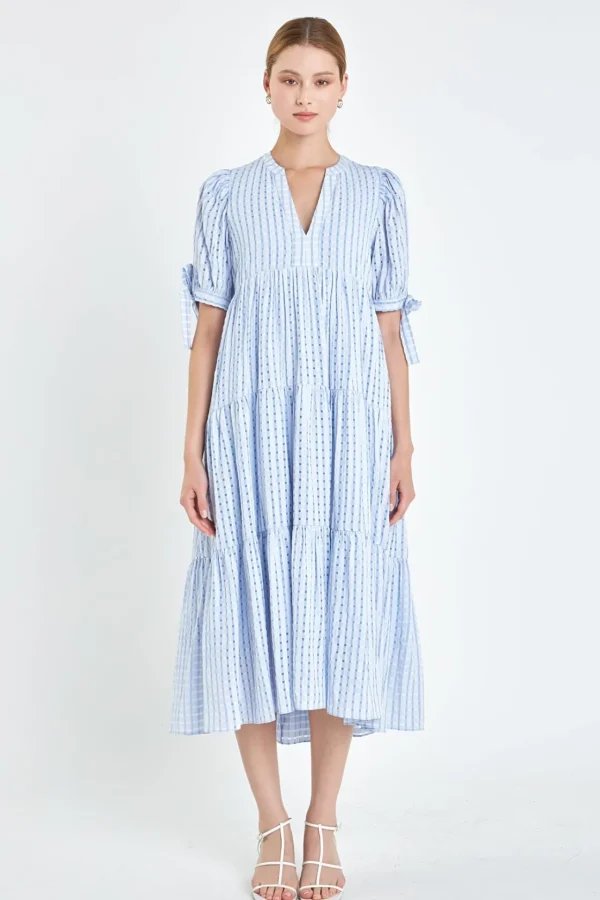 ENGLISH FACTORY Tops*- Gingham Tiered Midi Dress with Bow Tie Sleeves