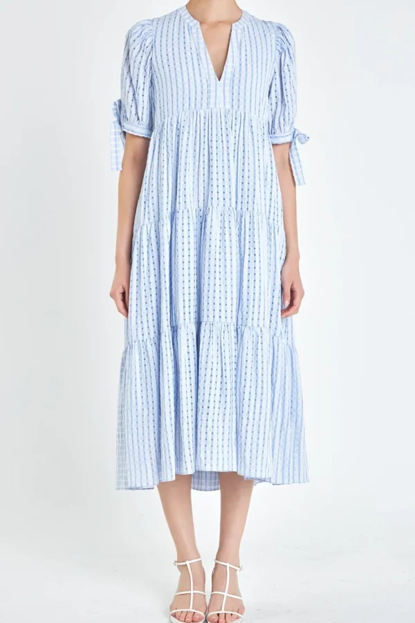ENGLISH FACTORY Tops*- Gingham Tiered Midi Dress with Bow Tie Sleeves