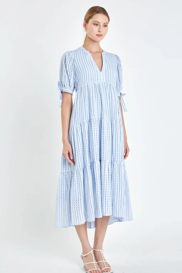 ENGLISH FACTORY Tops*- Gingham Tiered Midi Dress with Bow Tie Sleeves